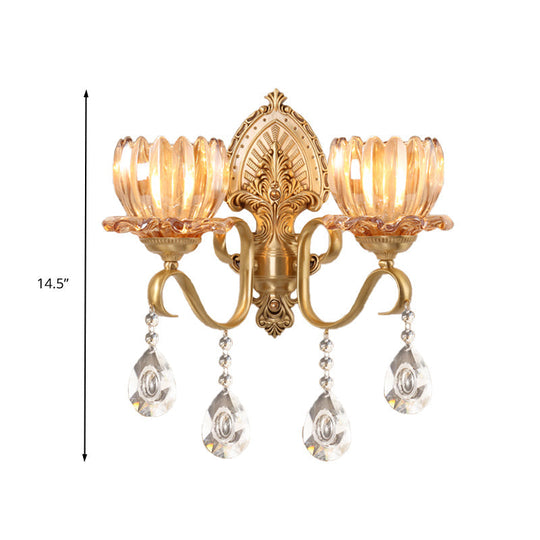 Retro Amber Glass Wall Lamp with Gold Blooms and Crystal Drops for Living Room Decor