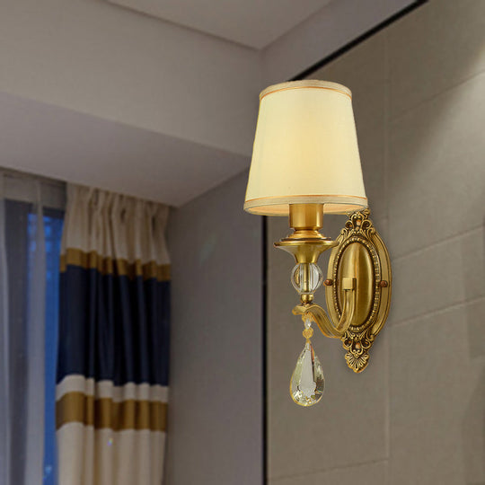 Traditional Conical Wall Mount Lamp - Fabric Wall Sconce Lighting in Gold with Crystal Embellishments