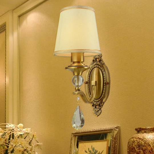 Traditional Conical Wall Mount Lamp - Fabric Wall Sconce Lighting in Gold with Crystal Embellishments