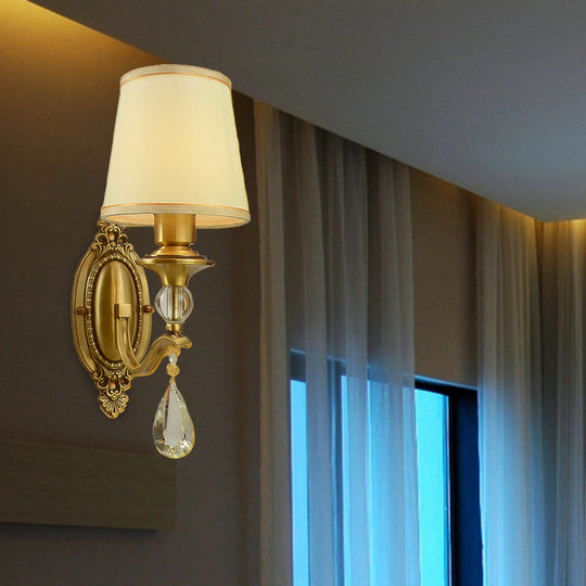 Traditional Conical Wall Mount Lamp - Fabric Wall Sconce Lighting in Gold with Crystal Embellishments