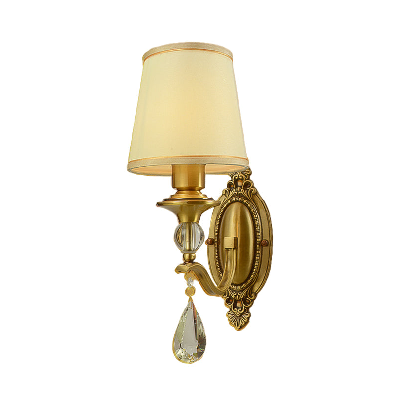 Traditional Conical Wall Mount Lamp - Fabric Wall Sconce Lighting in Gold with Crystal Embellishments