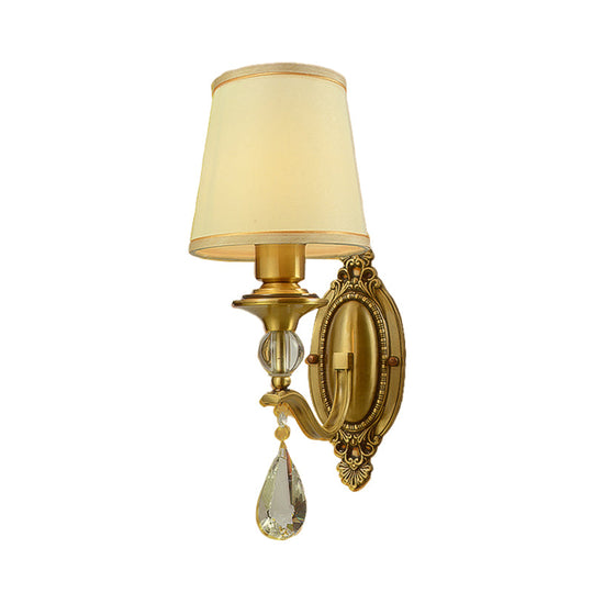 Traditional Conical Wall Mount Lamp - Fabric Wall Sconce Lighting in Gold with Crystal Embellishments