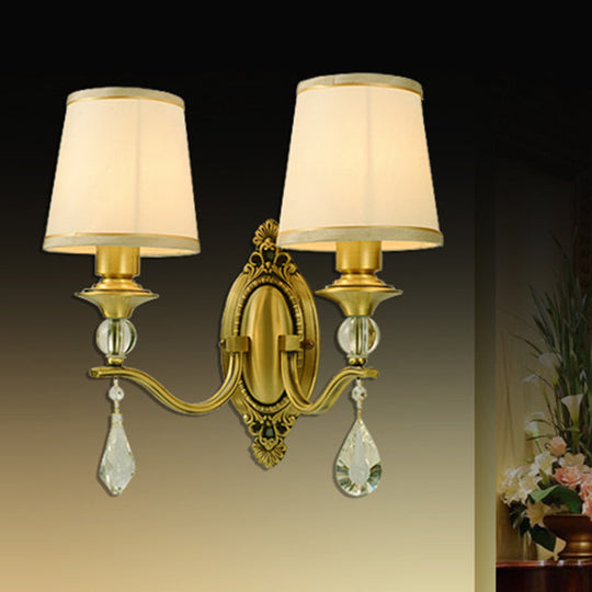 Traditional Conical Wall Mount Lamp - Fabric Wall Sconce Lighting in Gold with Crystal Embellishments