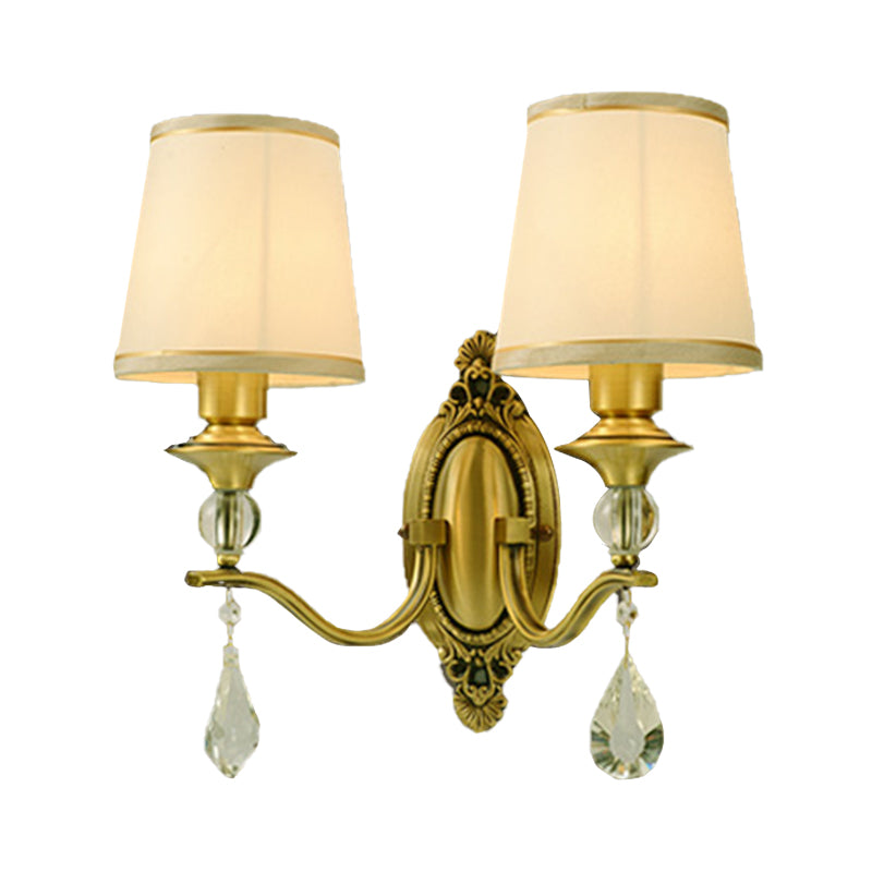 Traditional Conical Wall Mount Lamp - Fabric Wall Sconce Lighting in Gold with Crystal Embellishments