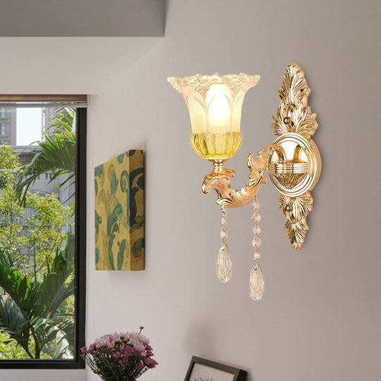 Frosted Glass Wall Sconce with Crystal Draping - Traditionalist Gold Flower Design for Living Room