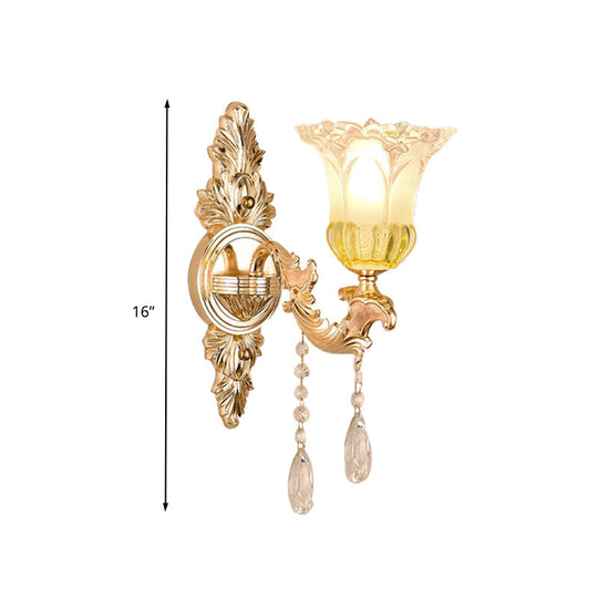 Frosted Glass Wall Sconce with Crystal Draping - Traditionalist Gold Flower Design for Living Room