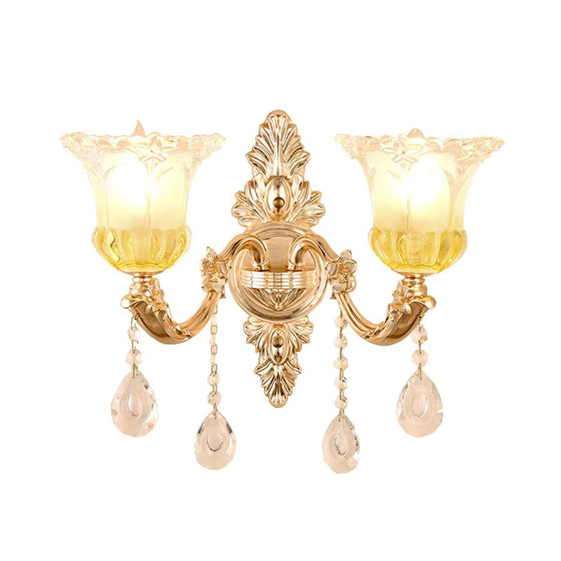 Frosted Glass Wall Sconce with Crystal Draping - Traditionalist Gold Flower Design for Living Room