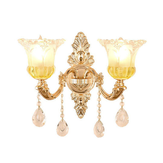 Frosted Glass Wall Sconce with Crystal Draping - Traditionalist Gold Flower Design for Living Room