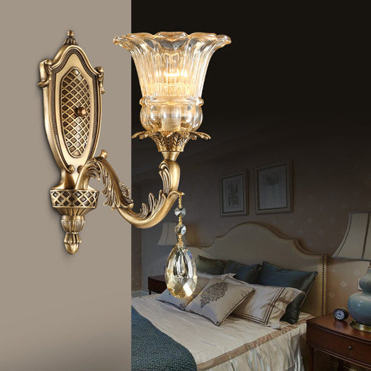 Gold Metal Wall Sconce with Traditional Beveled Glass Crystal – Bedroom Lighting
