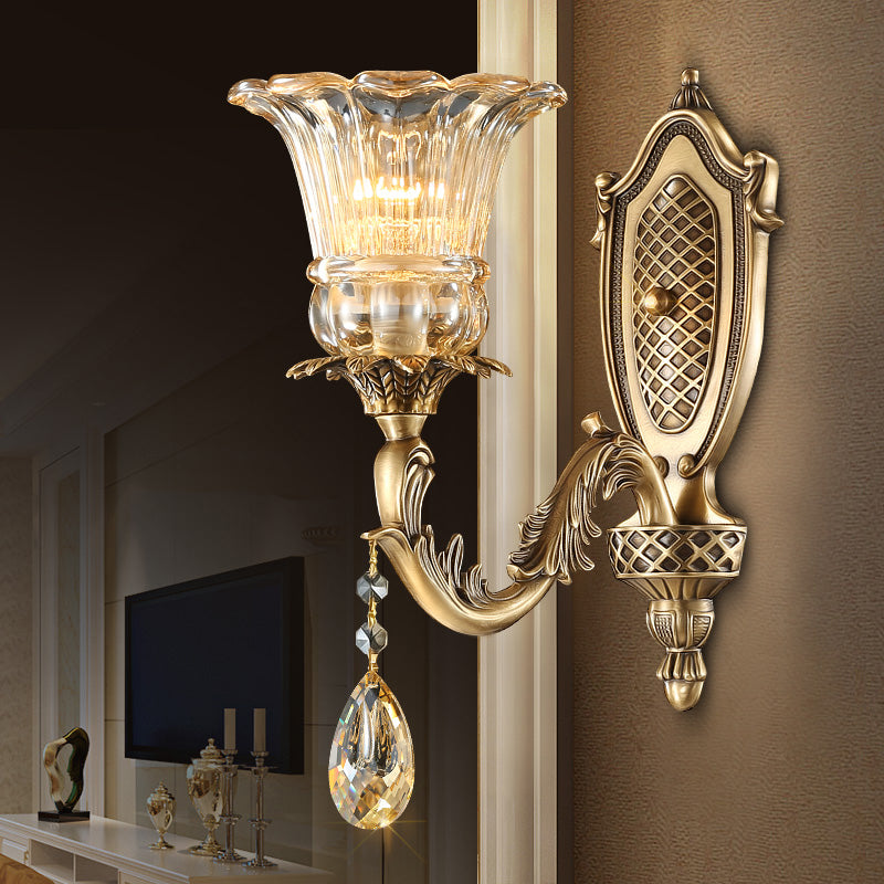 Gold Metal Wall Sconce with Traditional Beveled Glass Crystal – Bedroom Lighting