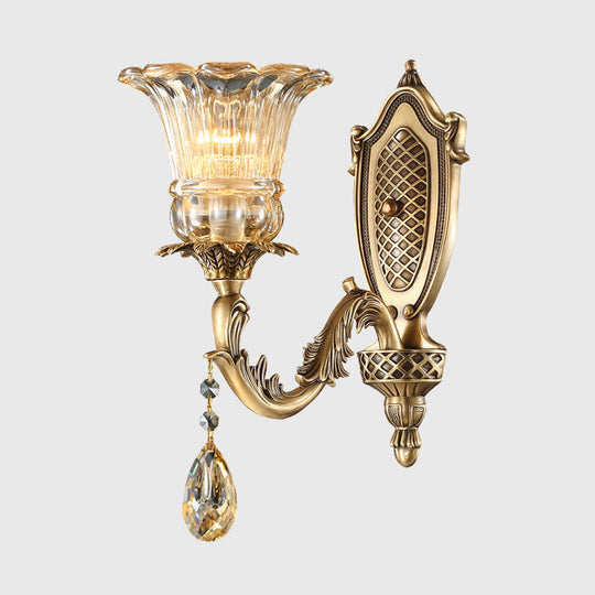 Gold Metal Wall Sconce with Traditional Beveled Glass Crystal – Bedroom Lighting