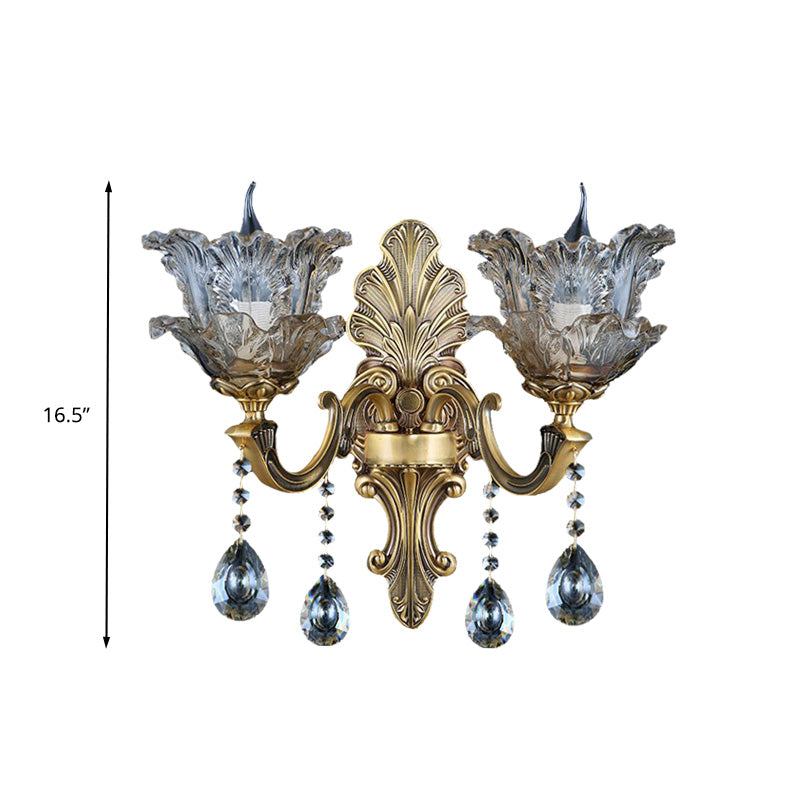 Retro Brass Curved Arm Metal Sconce with Faceted Crystal Accent - 1/2 Lights - Living Room Wall Lighting