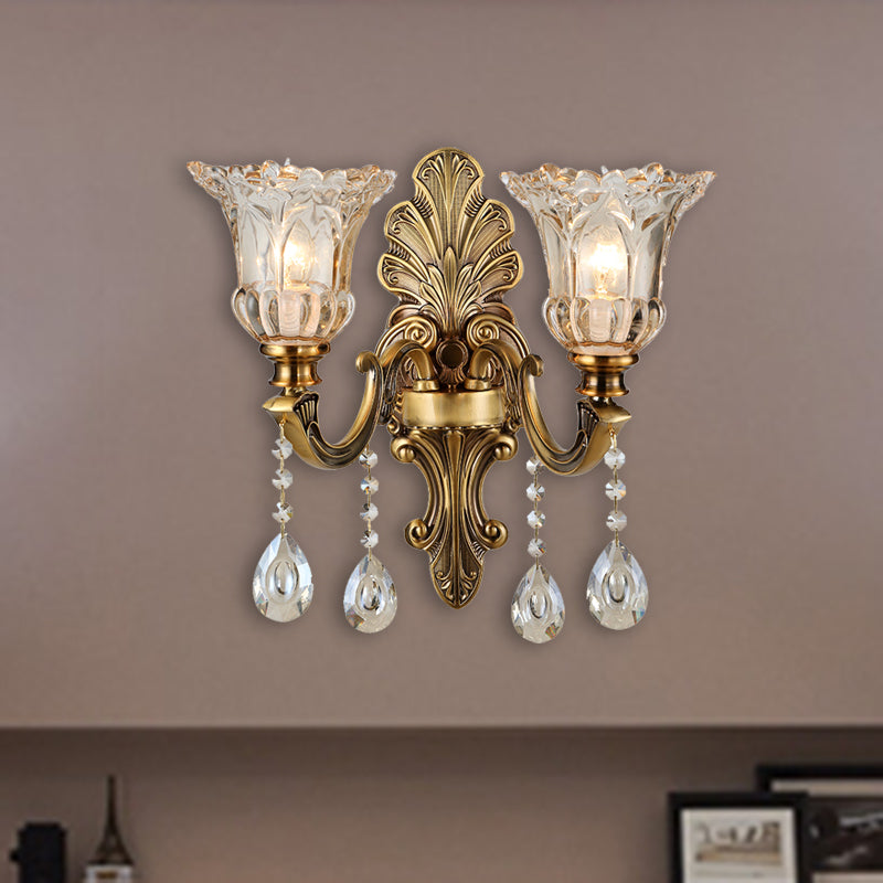 Traditional K9 Crystal Brass Wall Sconce Light with Clear Glass Shade