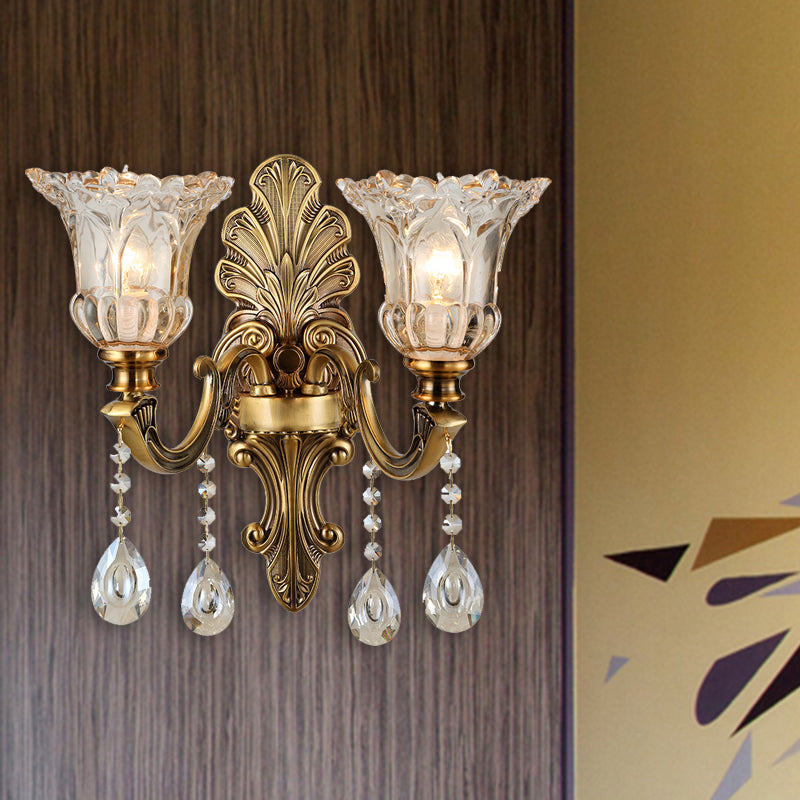 Traditional K9 Crystal Brass Wall Sconce Light with Clear Glass Shade