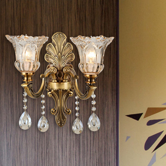 Traditional K9 Crystal Brass Wall Sconce Light with Clear Glass Shade