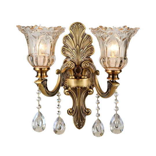 Traditional K9 Crystal Brass Wall Sconce Light with Clear Glass Shade