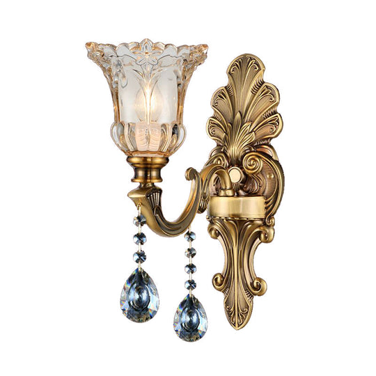 Traditional K9 Crystal Brass Wall Sconce Light with Clear Glass Shade