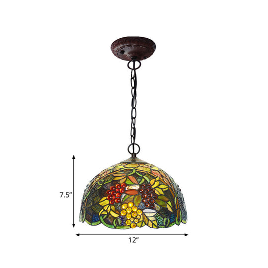 Mediterranean Stained Glass Hanging Light - Green Dome, 8"/12", Bronze Pendant
