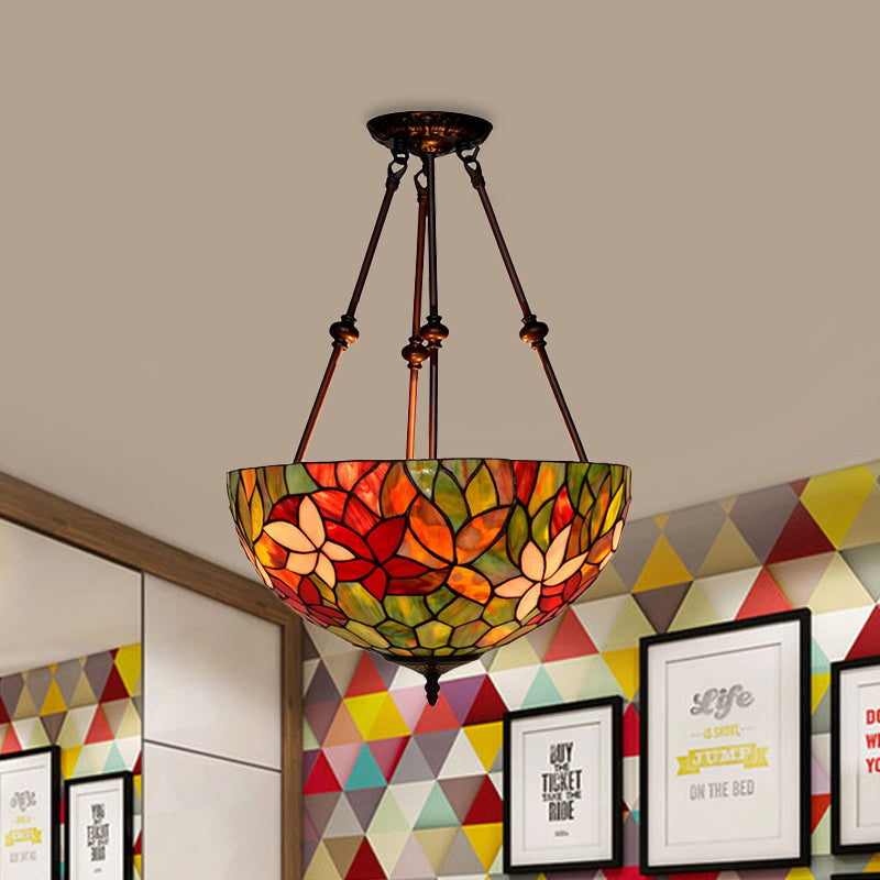 Victorian Stained Glass Ceiling Light with 3 Blossom Semi-Flush Mount Lights in Red/Orange/Green for Kitchen