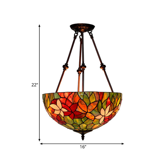 Victorian Stained Glass Ceiling Light with 3 Blossom Semi-Flush Mount Lights in Red/Orange/Green for Kitchen