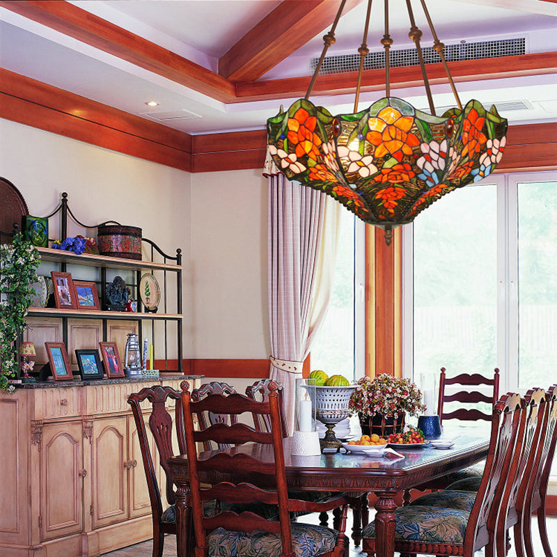 Victorian Stained Glass Ceiling Light with 3 Blossom Semi-Flush Mount Lights in Red/Orange/Green for Kitchen