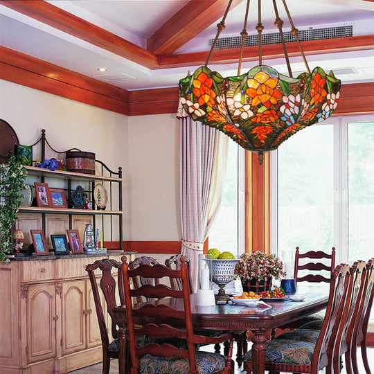 Victorian Stained Glass Ceiling Light with 3 Blossom Semi-Flush Mount Lights in Red/Orange/Green for Kitchen