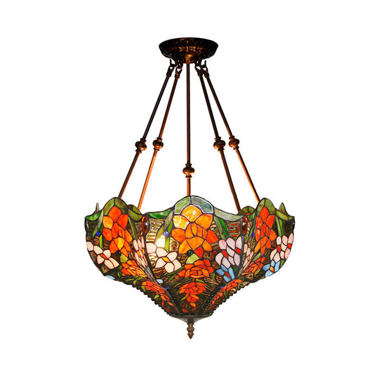Victorian Stained Glass Ceiling Light with 3 Blossom Semi-Flush Mount Lights in Red/Orange/Green for Kitchen