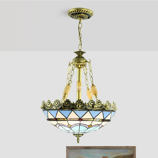 Mediterranean Stained Glass Chandelier - 3/4 Lights, Yellow/Blue - 12"/16" W - Kitchen Hanging Light Kit