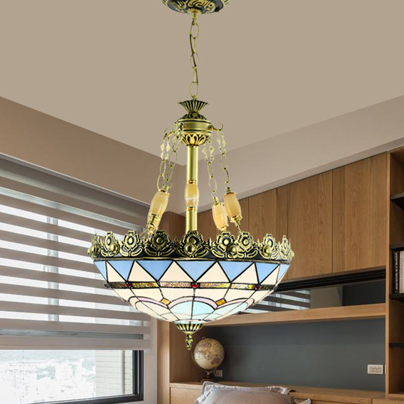 Mediterranean Stained Glass Chandelier - 3/4 Lights, Yellow/Blue - 12"/16" W - Kitchen Hanging Light Kit