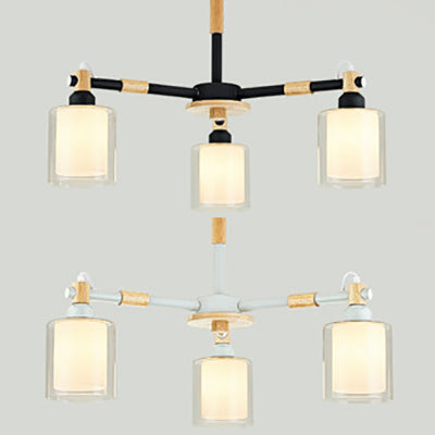 Modern Glass and Wood Cylinder Pendant Light Fixture with 3 Bulbs - Stylish Hanging Ceiling Lamp for Bedrooms