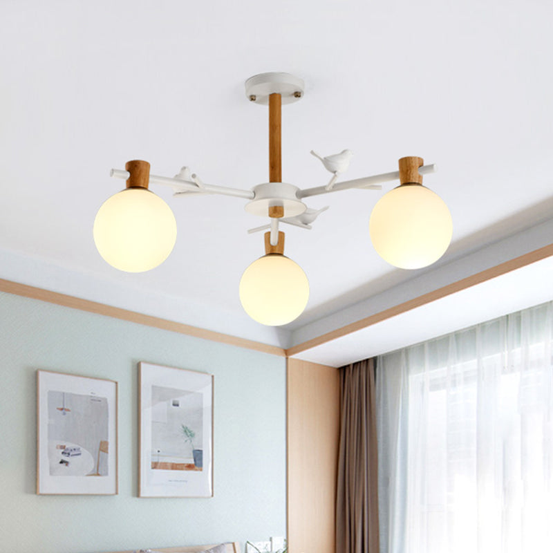 Modern Globe Chandelier with White Glass Shades - 3-Light Bedroom Lighting Fixture
