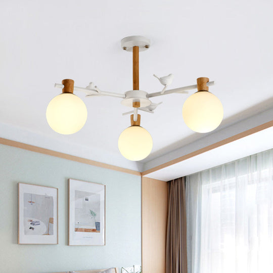 Modern Globe Chandelier with White Glass Shades - 3-Light Bedroom Lighting Fixture