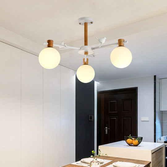 Modern Globe Chandelier with White Glass Shades - 3-Light Bedroom Lighting Fixture