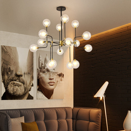 Modern Orb Hanging Chandelier with Clear Glass, 8/16 Bulbs, Suspended Lighting Fixture in Black/Gold