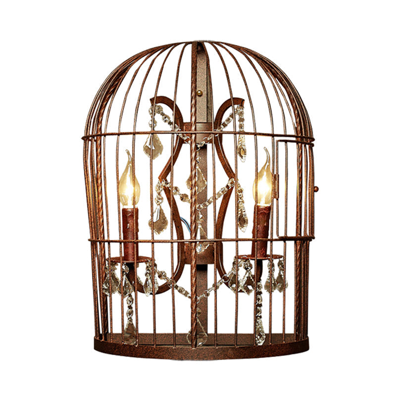 Rustic Industrial Birdcage Wall Sconce with Crystal Accents – 2 Light Metal Lamp