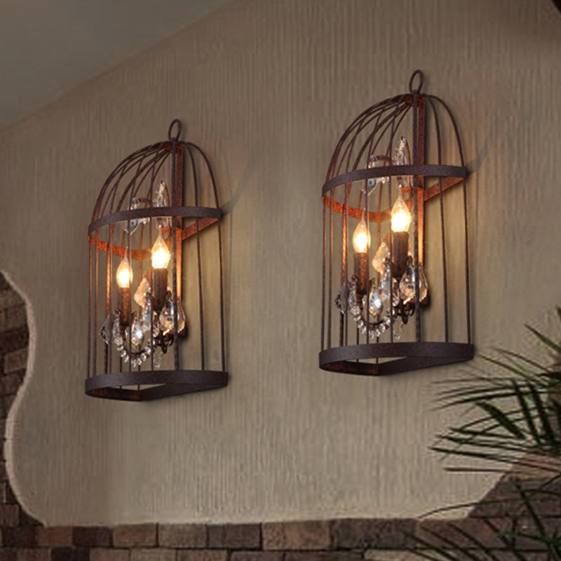 Industrial Rustic Crystal Wall Sconce with Birdcage Design - 2 Heads Metal Wall Mounted Light for Living Room
