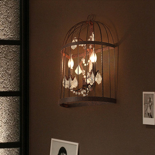 Industrial Clear Crystal Glass Wall Sconce - Rust Wall Lighting Fixture with 2 Heads for Birdcage Living Room