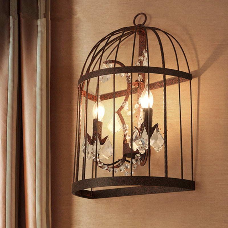 Industrial Clear Crystal Glass Wall Sconce - Rust Wall Lighting Fixture with 2 Heads for Birdcage Living Room