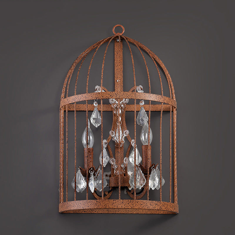 Industrial Clear Crystal Glass Wall Sconce - Rust Wall Lighting Fixture with 2 Heads for Birdcage Living Room