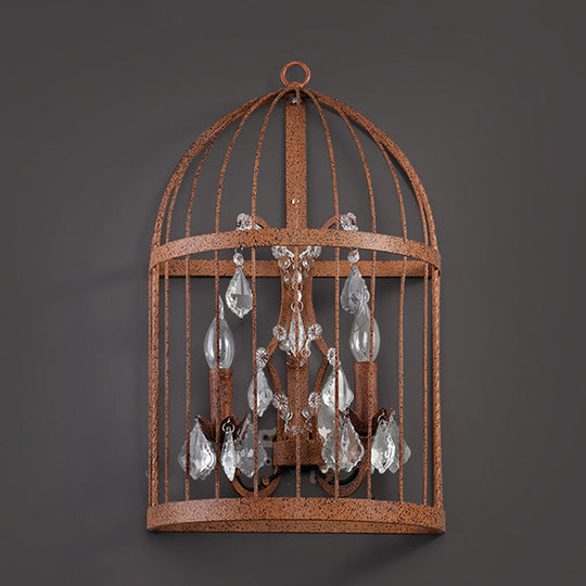 Industrial Clear Crystal Glass Wall Sconce - Rust Wall Lighting Fixture with 2 Heads for Birdcage Living Room