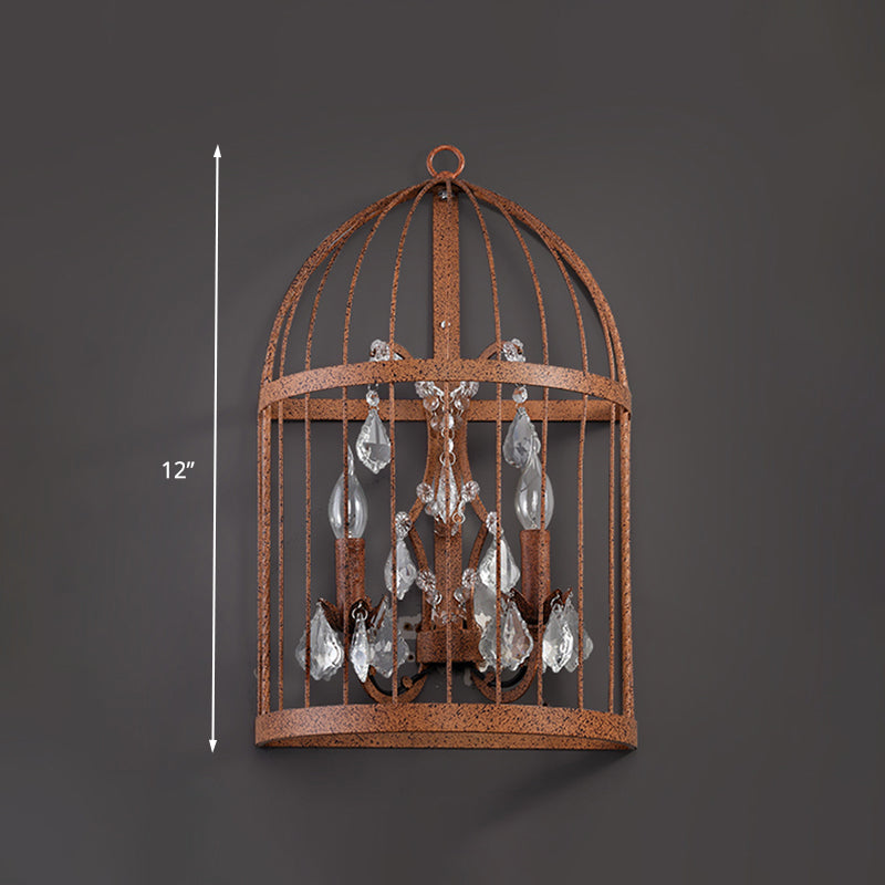 Industrial Clear Crystal Glass Wall Sconce - Rust Wall Lighting Fixture with 2 Heads for Birdcage Living Room