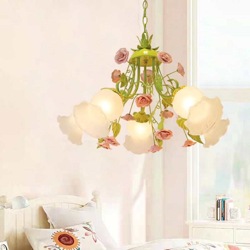 Traditional Opal Glass Chandelier - Pink/Green 5-Head Pendant Ceiling Light for Living Room