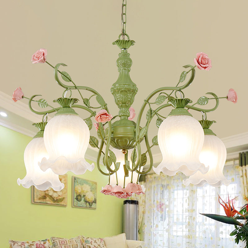 Sandblasted Glass Chandelier - 5 Bulbs, Traditional White/Green Floral Design, Bedroom Pendant Lighting Fixture