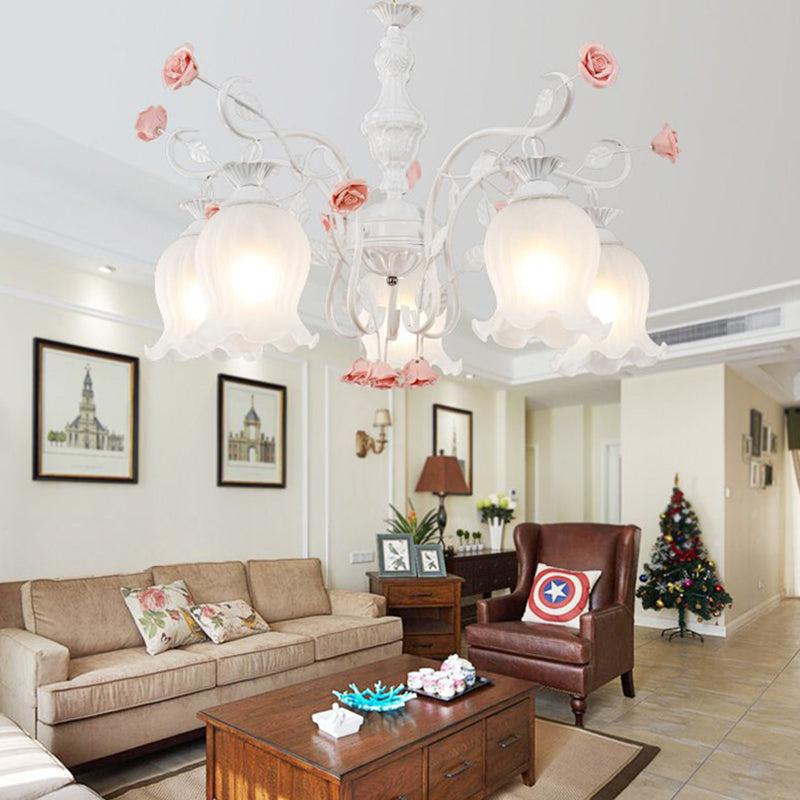 Sandblasted Glass Chandelier - 5 Bulbs, Traditional White/Green Floral Design, Bedroom Pendant Lighting Fixture