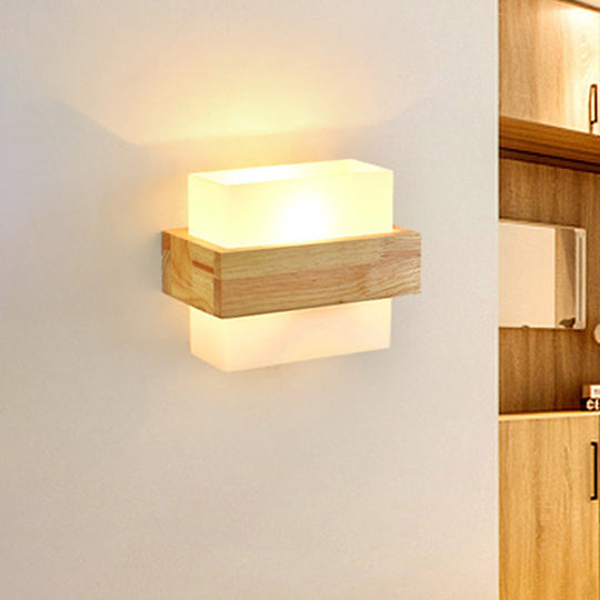 Modern Wood Rectangle Wall Lamp with Beige Sconce, White Glass Shade