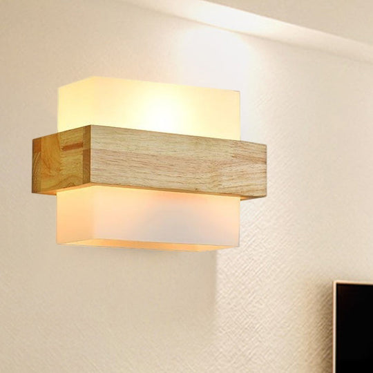 Modern Wood Rectangle Wall Lamp with Beige Sconce, White Glass Shade
