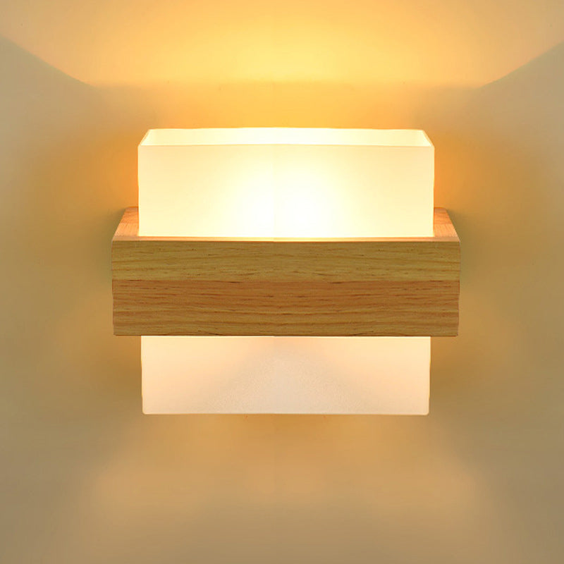 Modern Wood Rectangle Wall Lamp with Beige Sconce, White Glass Shade