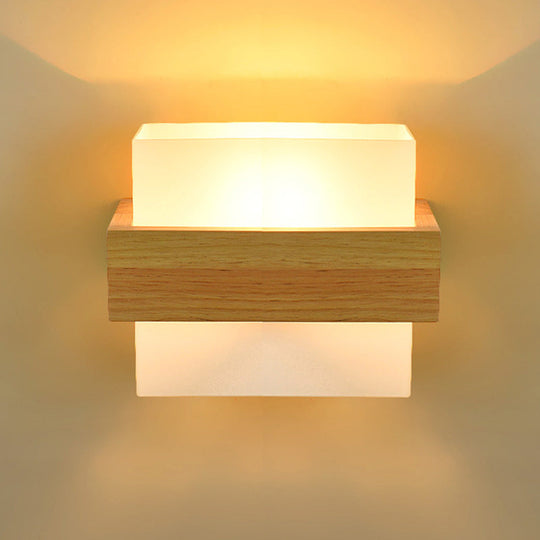 Modern Wood Rectangle Wall Lamp with Beige Sconce, White Glass Shade