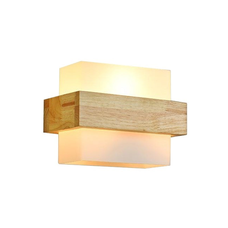 Modern Wood Rectangle Wall Lamp with Beige Sconce, White Glass Shade