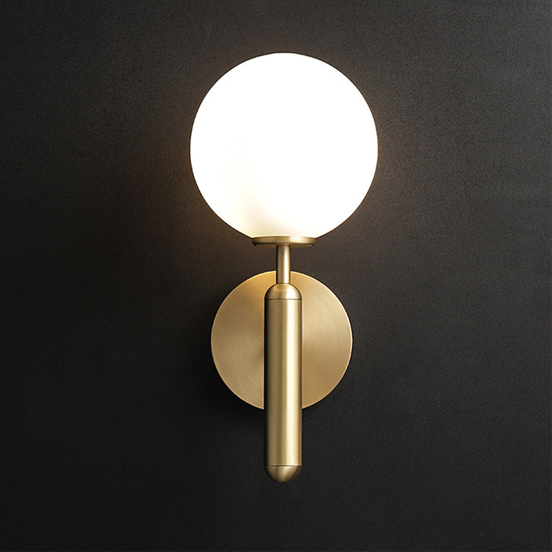Milky Glass Ball Sconce - Contemporary 1-Head Brass Wall Light Fixture with Metal Arm